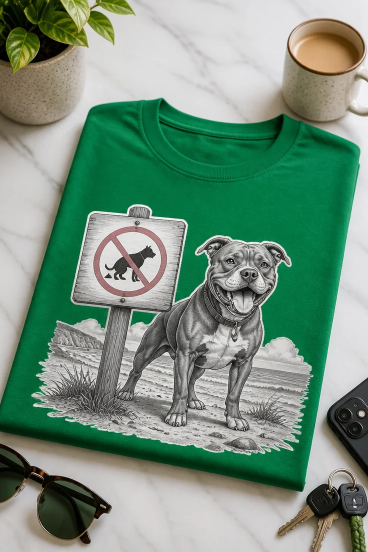 Majica z realistično ilustracijo nasmejanega psa ob znaku na plaži