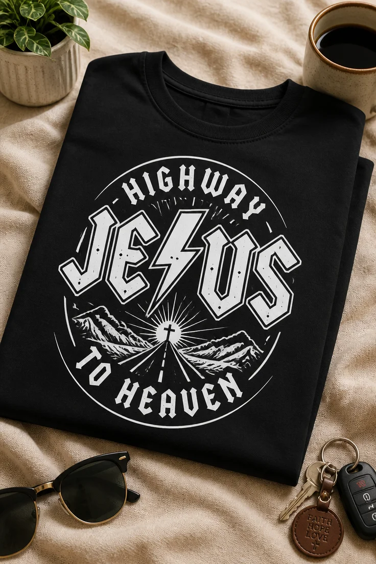 Majica z napisom HIGHWAY JESUS TO HEAVEN v vintage rock parodija slogu