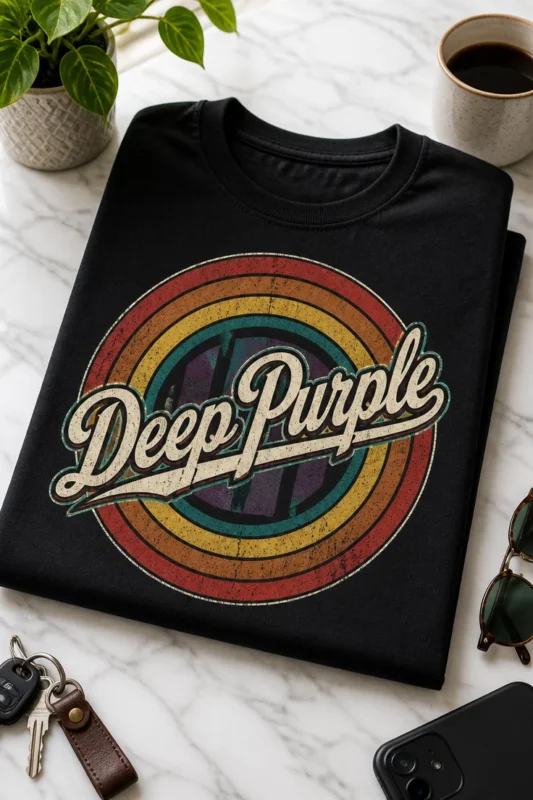 Majica z napisom Deep Purple v retro vintage krožnem rock motivu