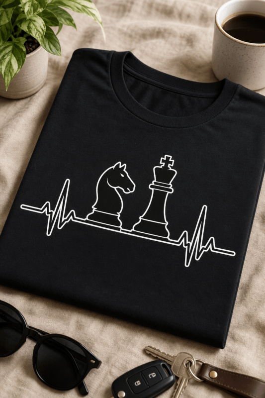 Minimalističen motiv EKG linije s šahovskim konjem in kraljem