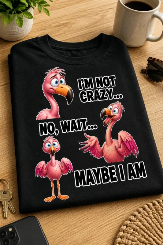 Majica z napisom I'M NOT CRAZY... NO, WAIT... MAYBE I AM in tremi rožnatimi flamingi