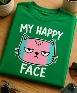 Majica z napisom MY HAPPY FACE in ilustracijo godrnjave mačke