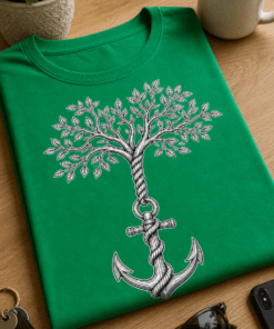Majica z ilustracijo sidra, vrvi in drevesa življenja v črno-beli tattoo-style izvedbi