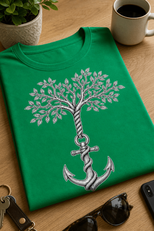 Majica z ilustracijo sidra, vrvi in drevesa življenja v črno-beli tattoo-style izvedbi