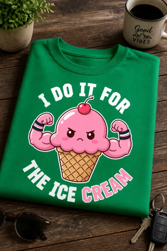 Majica z napisom I DO IT FOR THE ICE CREAM in prisrčnim mišičastim sladoledom v kornetu