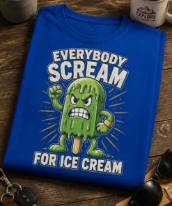 Majica z napisom EVERYBODY SCREAM FOR ICE CREAM in pošastnim zelenim sladoledom
