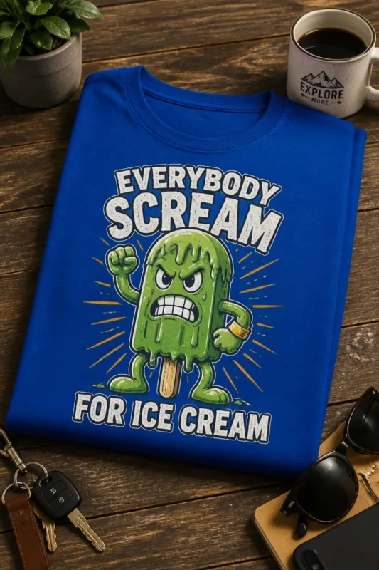 Majica z napisom EVERYBODY SCREAM FOR ICE CREAM in pošastnim zelenim sladoledom