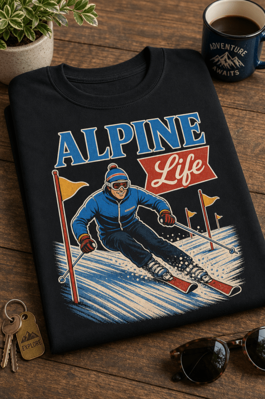 Majica z napisom ALPINE Life in retro ilustracijo smučarja v vintage alpskem slogu