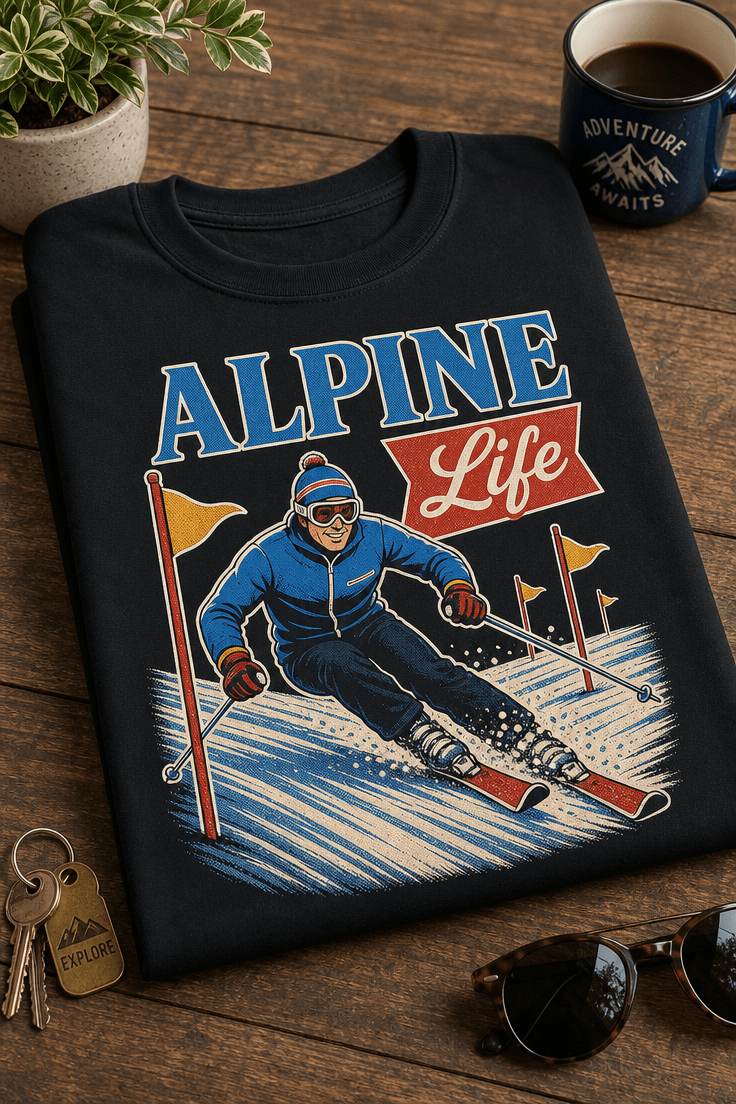 Majica z napisom ALPINE Life in retro ilustracijo smučarja v vintage alpskem slogu
