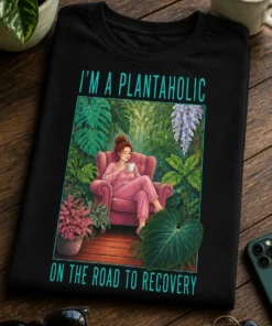 Majica z napisom I’M A PLANTAHOLIC ON THE ROAD TO RECOVERY in ilustracijo ženske med tropskimi sobnimi rastlinami