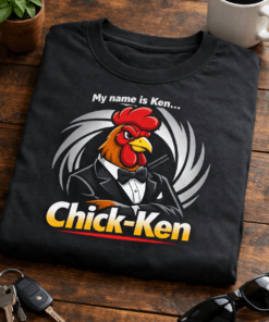 Modern risani petelin v črnem smokingu pred špijunsko spiralo z napisom My name is Ken… Chick-Ken