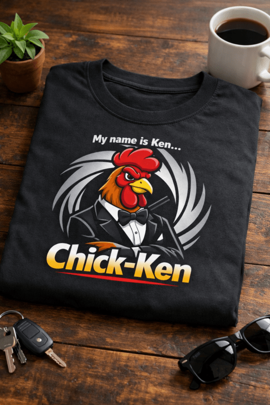 Modern risani petelin v črnem smokingu pred špijunsko spiralo z napisom My name is Ken… Chick-Ken