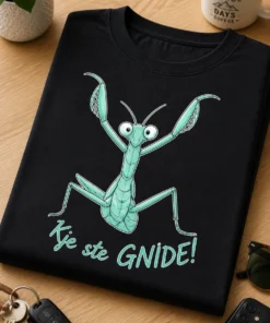 Majica z napisom Kje ste GNIDE! in ilustracijo bogomolke