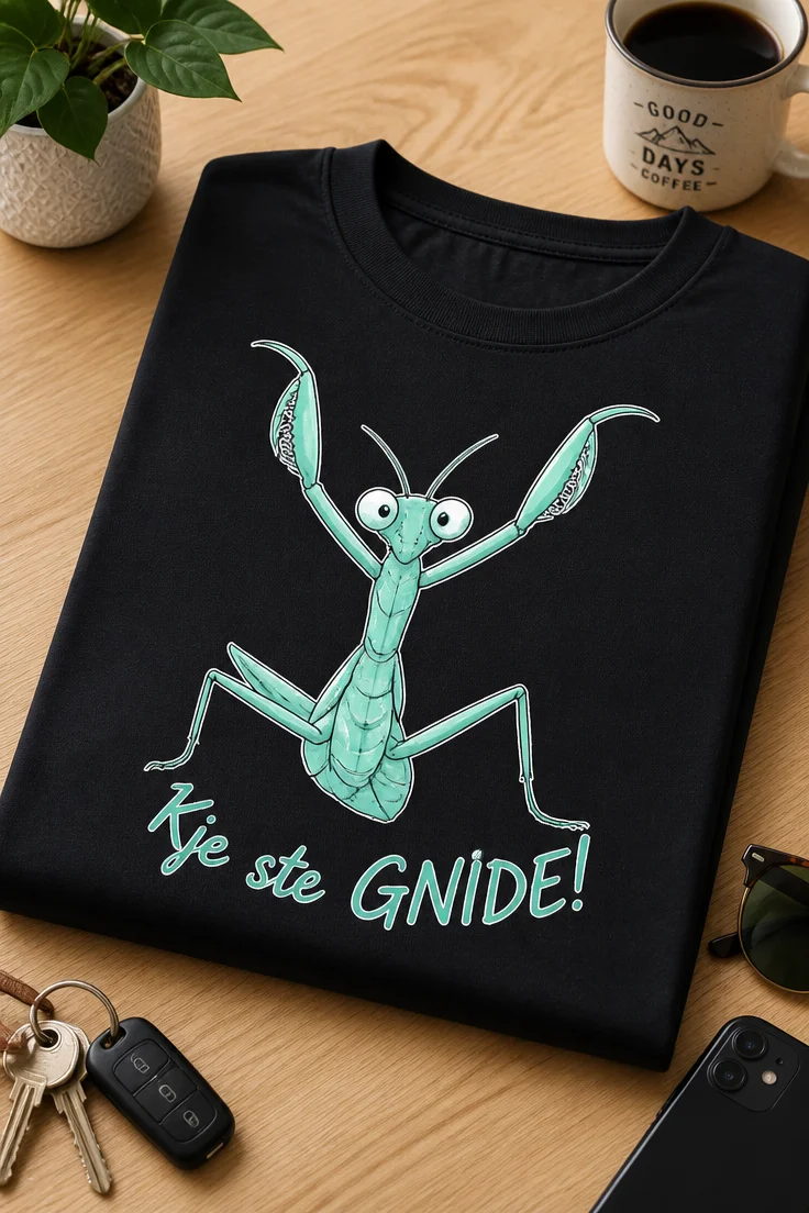 Majica z napisom Kje ste GNIDE! in ilustracijo bogomolke