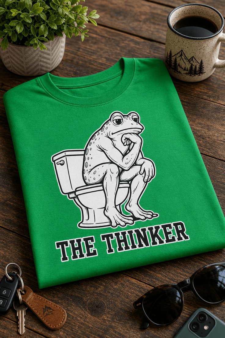 Majica The thinker z žabo na stranišču v pozi slavnega Misleca