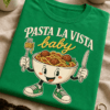 Majica z napisom PASTA LA VISTA baby in retro motivom nasmejane sklede špagetov
