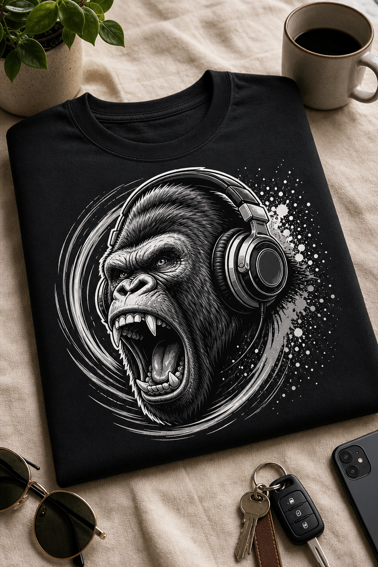 Majica z motivom rohneče gorile z DJ slušalkami v črno-sivem street-art slogu