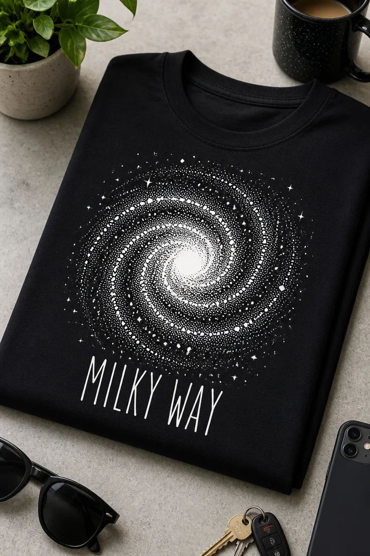 Majica z motivom spiralne galaksije in napisom MILKY WAY