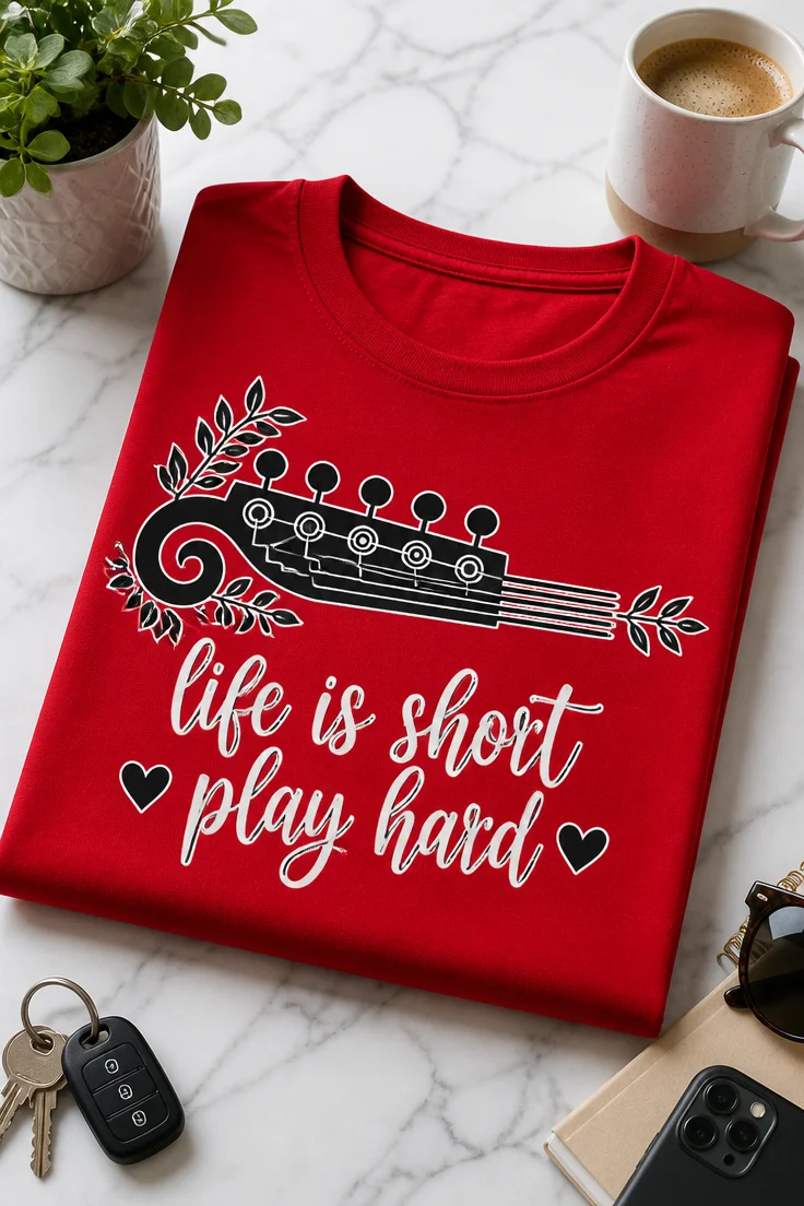 Majica z napisom life is short play hard in črnim motivom kitarskega vratu