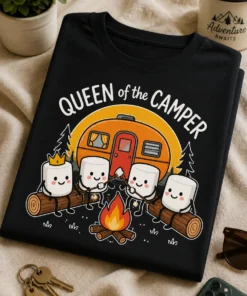 Majica z napisom QUEEN of the CAMPER in motivom prikolice, ognja ter prikupnih penic