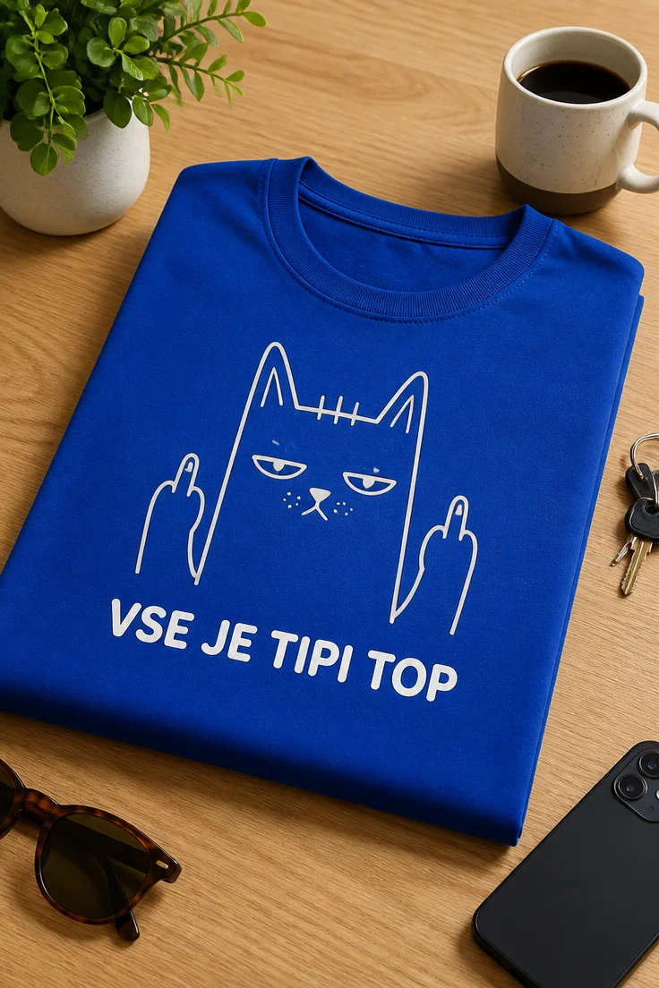 Majica z napisom VSE JE TIPI TOP in minimalističnim mačkom z dvignjenima sredincema