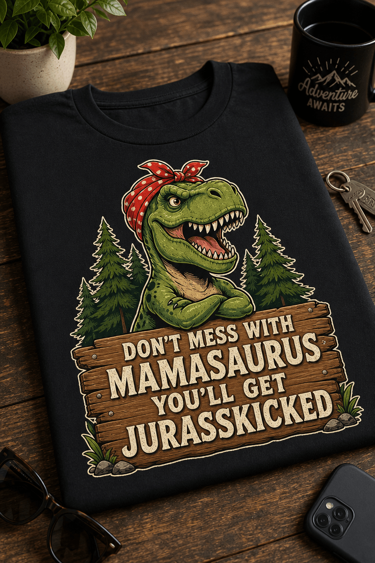 Majica za mamo z napisom Don't mess with Mamasaurus you'll get jurasskicked in motivom T-rex mame