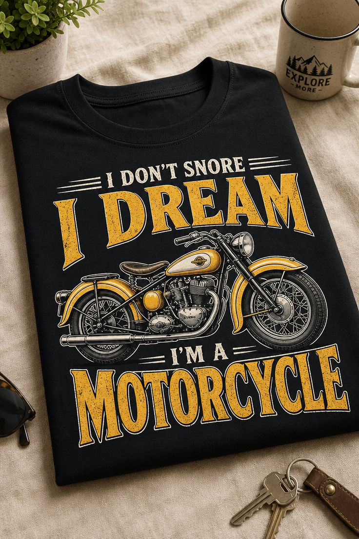 Majica z napisom I DON'T SNORE I DREAM I'M A MOTORCYCLE in vintage ilustracijo motorja