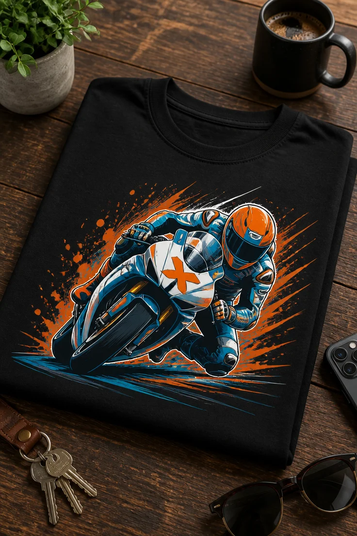Majica z motivom športnega motorista v globokem nagibu skozi ovinek
