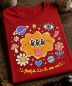 Majica z napisom Najboljši človek na svetu in igrivim retro pisanim likom