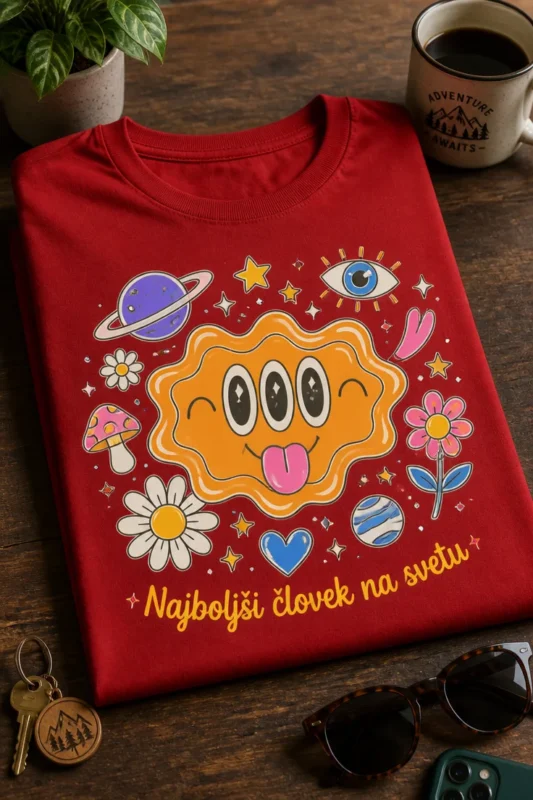 Majica z napisom Najboljši človek na svetu in igrivim retro pisanim likom