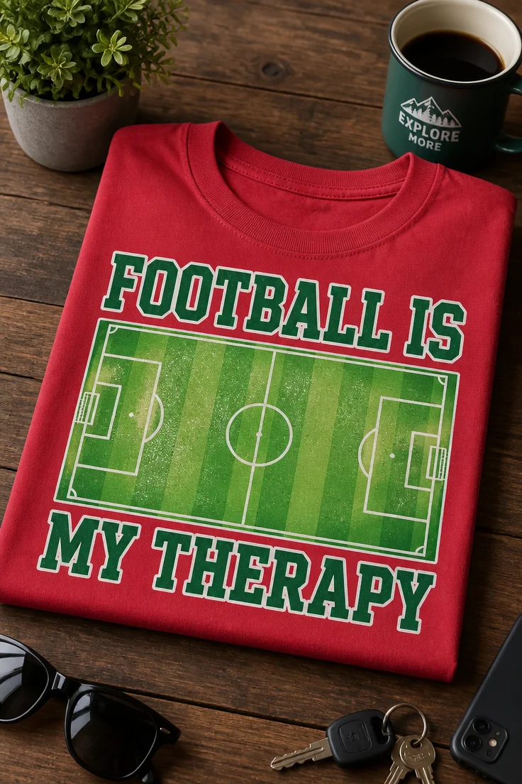 Majica z napisom FOOTBALL IS MY THERAPY in motivom nogometnega igrišča