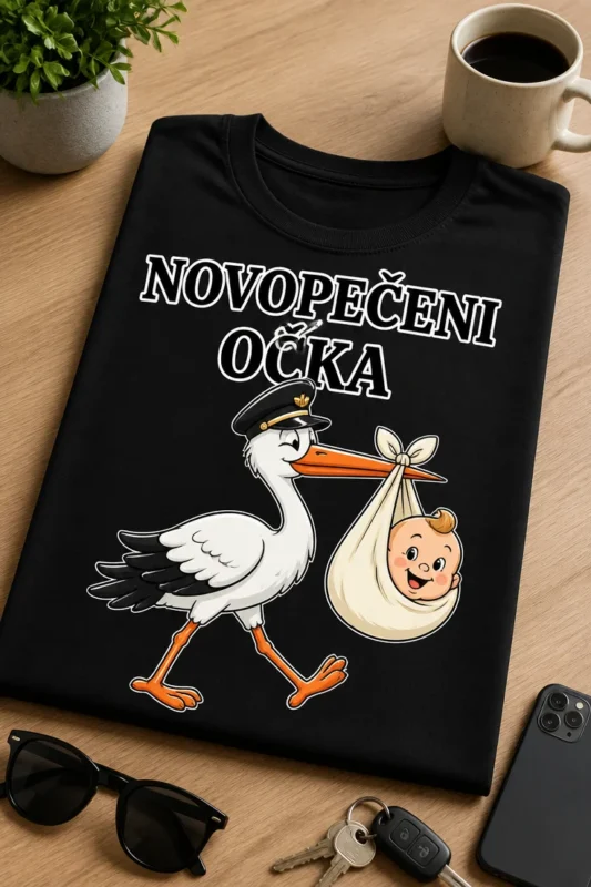 Majica z napisom NOVOPEČENI OČKA in motivom štorklje z dojenčkom