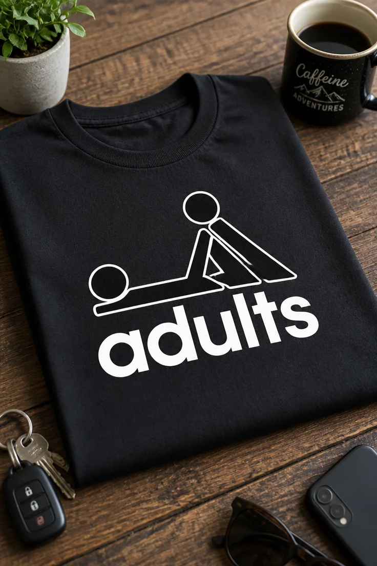 Majica z napisom adults in parodičnim odraslim motivom v športnem logotipnem slogu