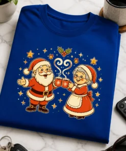 Božični par z Božičkom in gospo Božičkovo, ki nazdravljata z vrčkoma