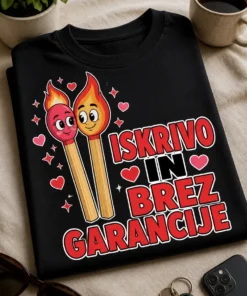 Majica z napisom ISKRIVO IN BREZ GARANCIJE in motivom dveh zaljubljenih vžigalic