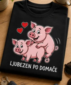 Majica z napisom LJUBEZEN PO DOMAČE in motivom dveh zaljubljenih pujsov