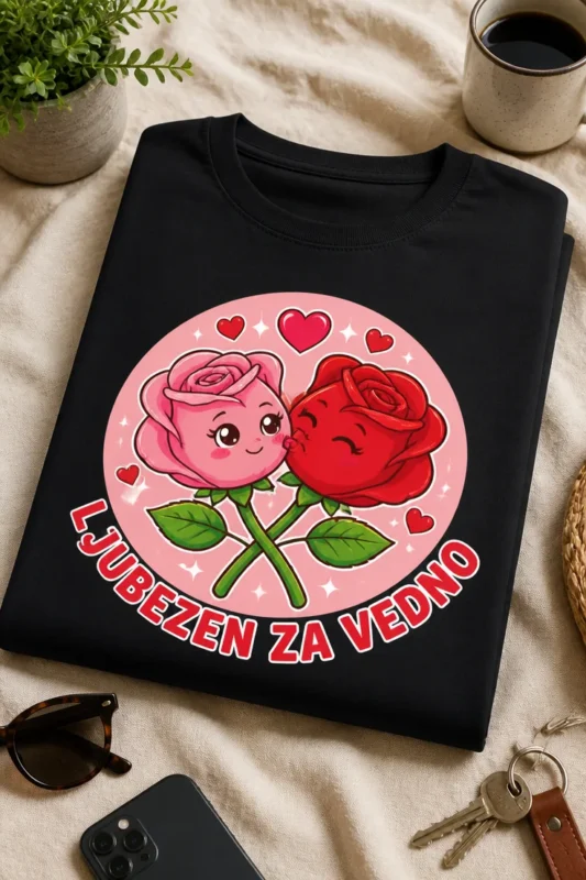 Majica z napisom LJUBEZEN ZA VEDNO in motivom dveh zaljubljenih vrtnic
