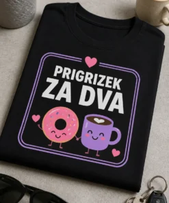 Majica za pare z napisom PRIGRIZEK ZA DVA v minimalističnem vijolično-roza dizajnu s srčkom