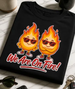 Majica za pare z napisom We Are On Fire! in retro ognjenima likoma