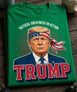 Majica z napisom TACTICAL GREATNESS IN ACTION TRUMP in patriotskim portretom Donalda Trumpa