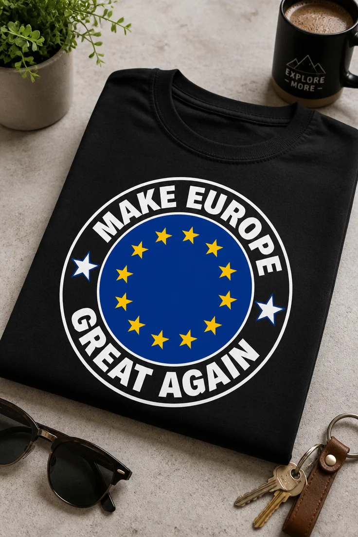 Majica z napisom MAKE EUROPE GREAT AGAIN v krožnem evropskem emblem slogu