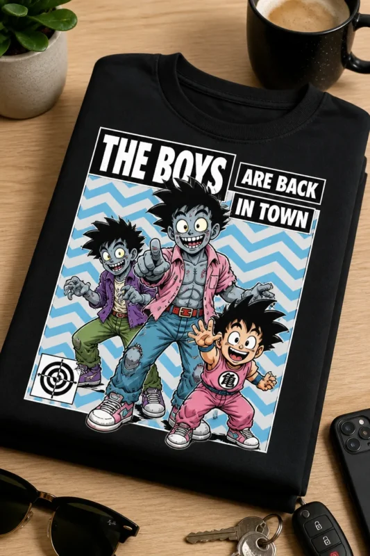 Majica z napisom THE BOYS ARE BACK IN TOWN in retro motivom zombi anime fantov