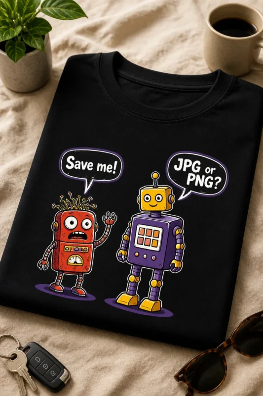 Majica z napisom Save me! JPG or PNG? in dvema prikupnima robotoma