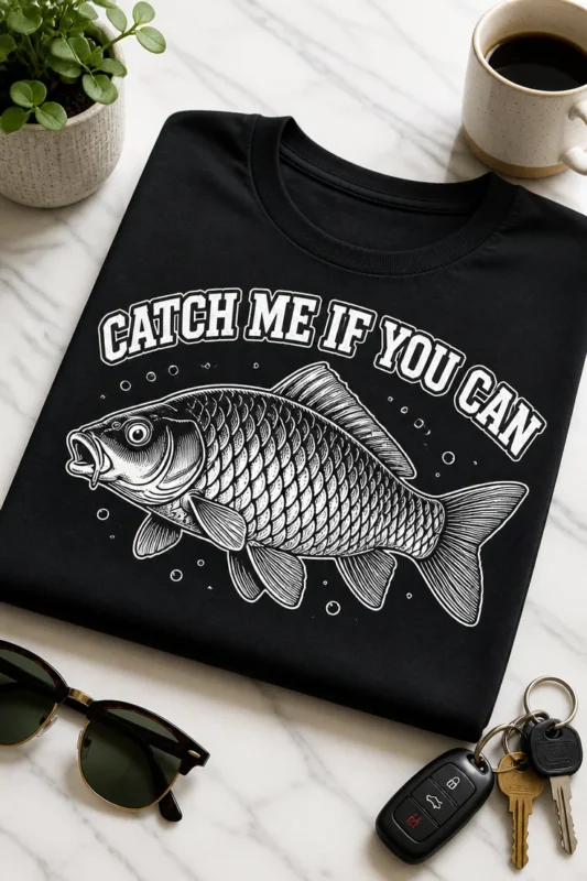 Majica z napisom CATCH ME IF YOU CAN in vintage motivom ribe