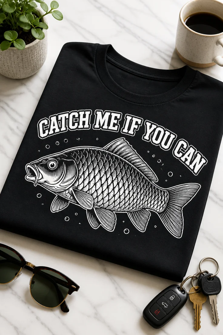 Majica z napisom CATCH ME IF YOU CAN in vintage motivom ribe