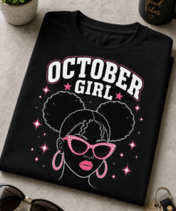 Majica z napisom OCTOBER GIRL in stiliziranim ženskim motivom z rožnatimi očali