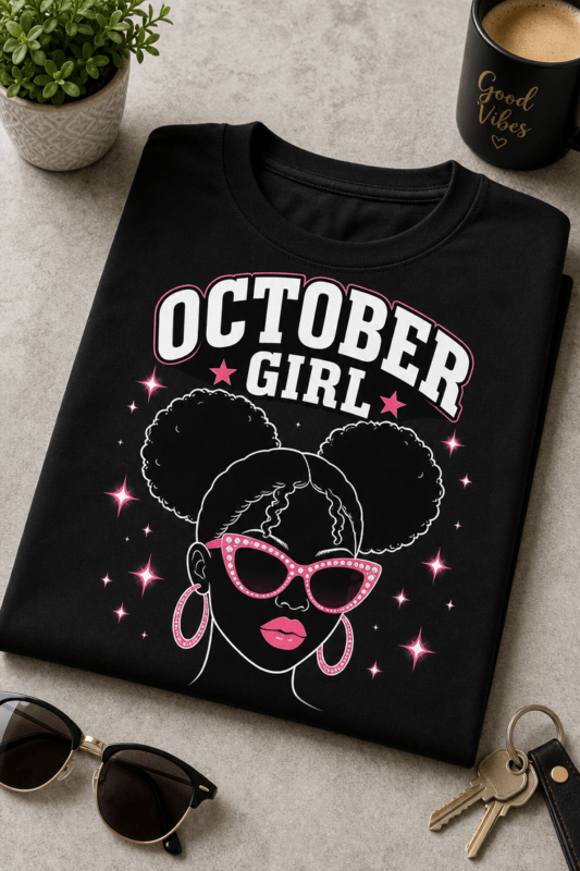 Majica z napisom OCTOBER GIRL in stiliziranim ženskim motivom z rožnatimi očali