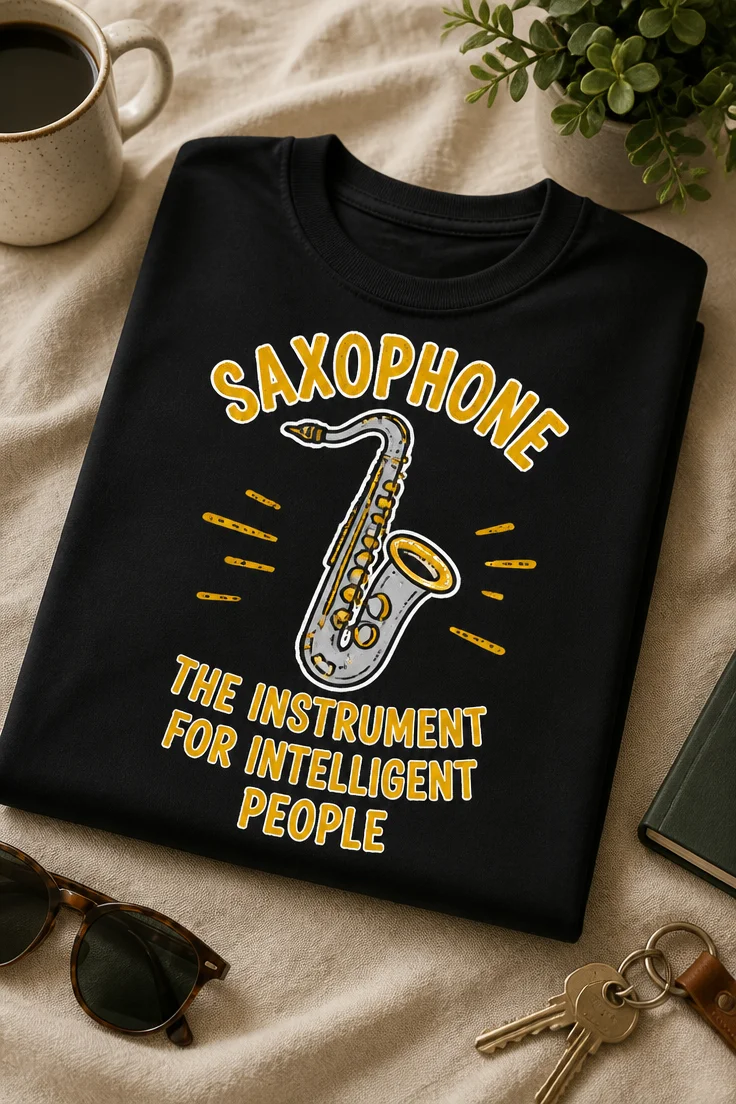 Majica z napisom SAXOPHONE THE INSTRUMENT FOR INTELLIGENT PEOPLE in ilustracijo saksofona