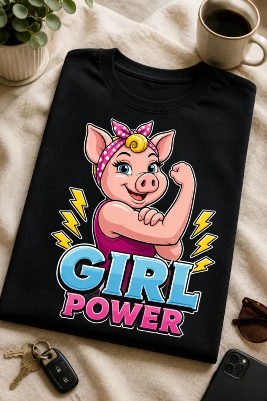 Majica z napisom GIRL POWER in risano samozavestno pujsko v močni pozi