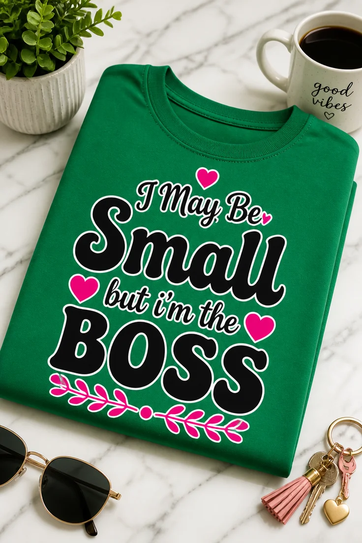 Majica z napisom I May Be Small but i'm the BOSS v igrivem tipografskem dizajnu s srčki